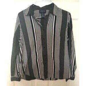 Jones NY Women's Button Down Blouse Black White Stripes P/M Long Sleeves EUC